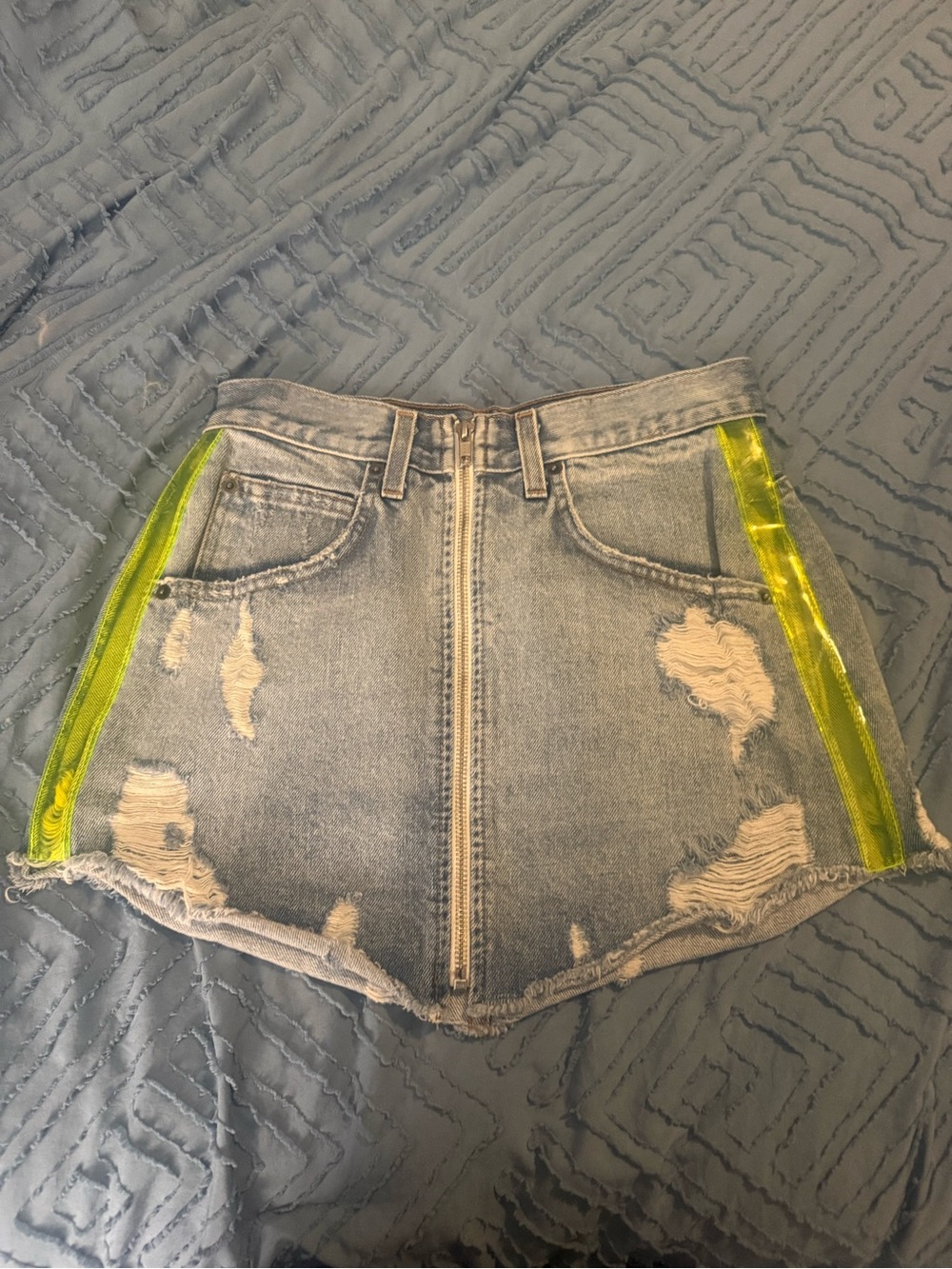 Carmar Los Angeles Distressed Denim Mini Skirt with Neon Yellow/Green Trim